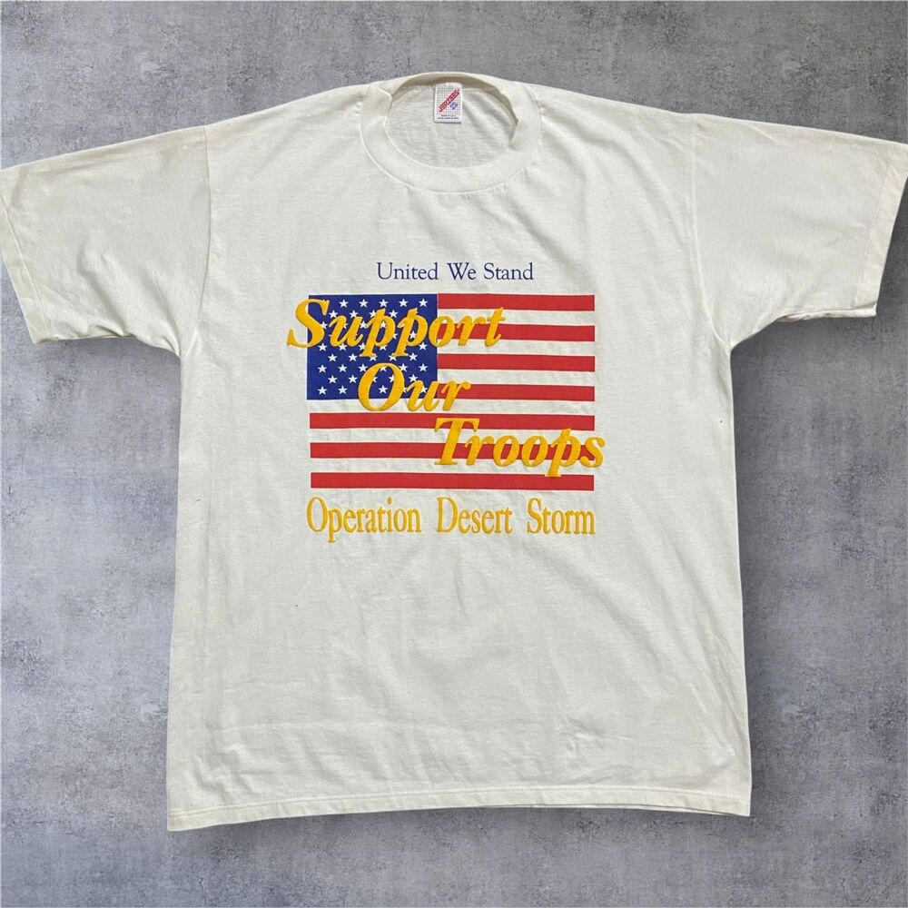 Jerzees Vintage 90s Support Our Troops Desert Storm White Tee Men's Size XXL